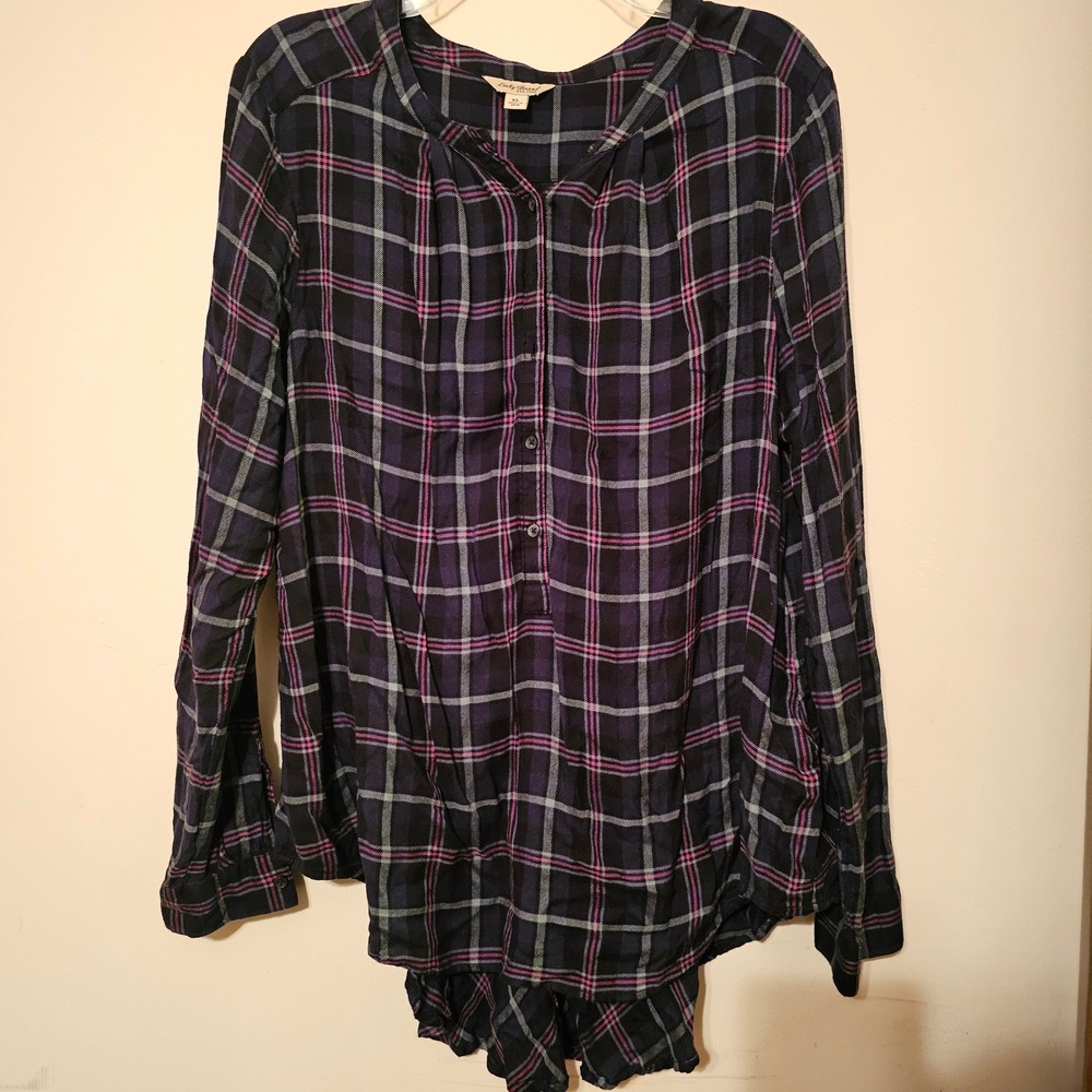 Lucky Brand Womens XL Plaid Back Blouse Navy Purple Pink High Low Top pleated